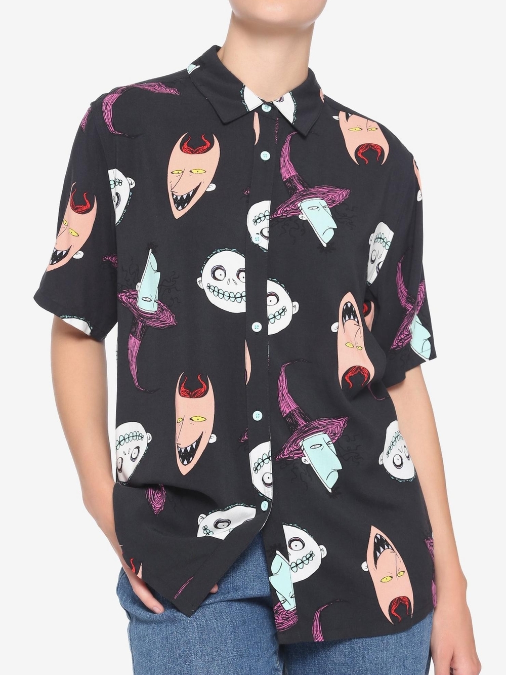 Nightmare Before Christmas Graphic Button-Up Shirt with Lock Shock & Barrel